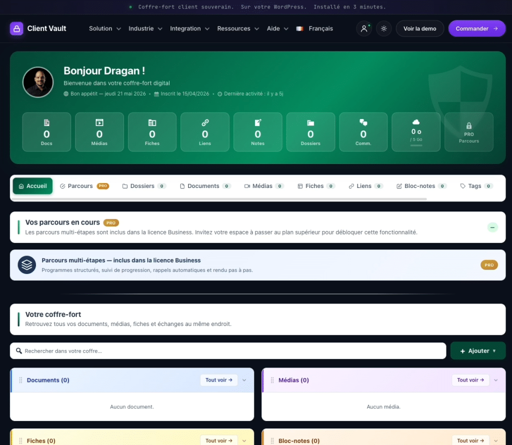 Tableau de bord de l'interface utilisateur de Client Vault.