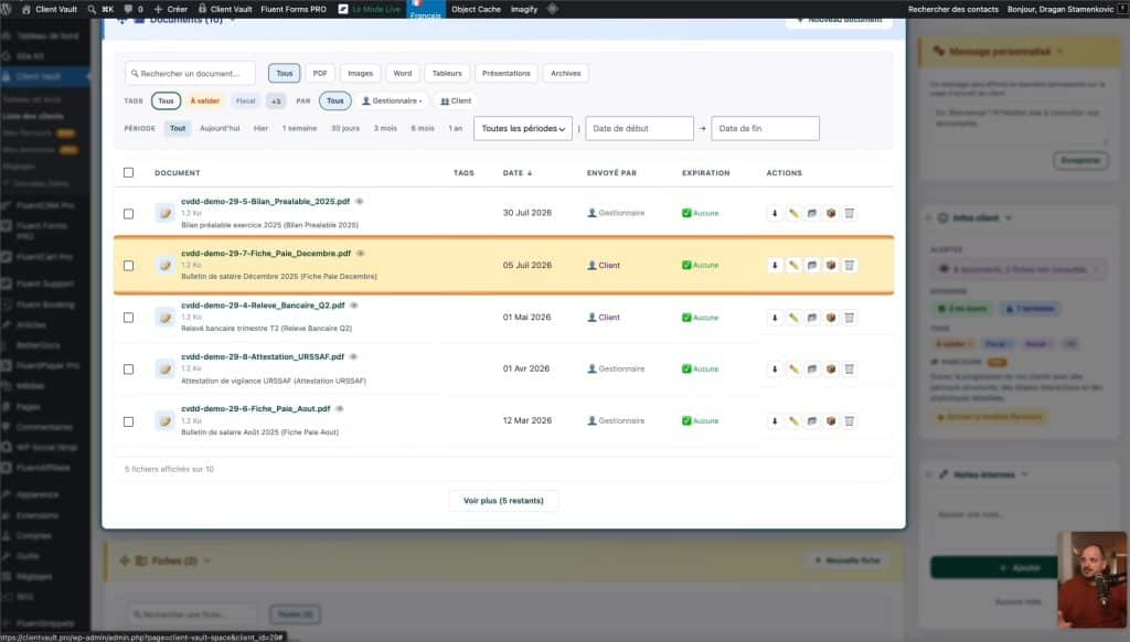 Interface de gestion de documents d'un coffre-fort numérique client.
