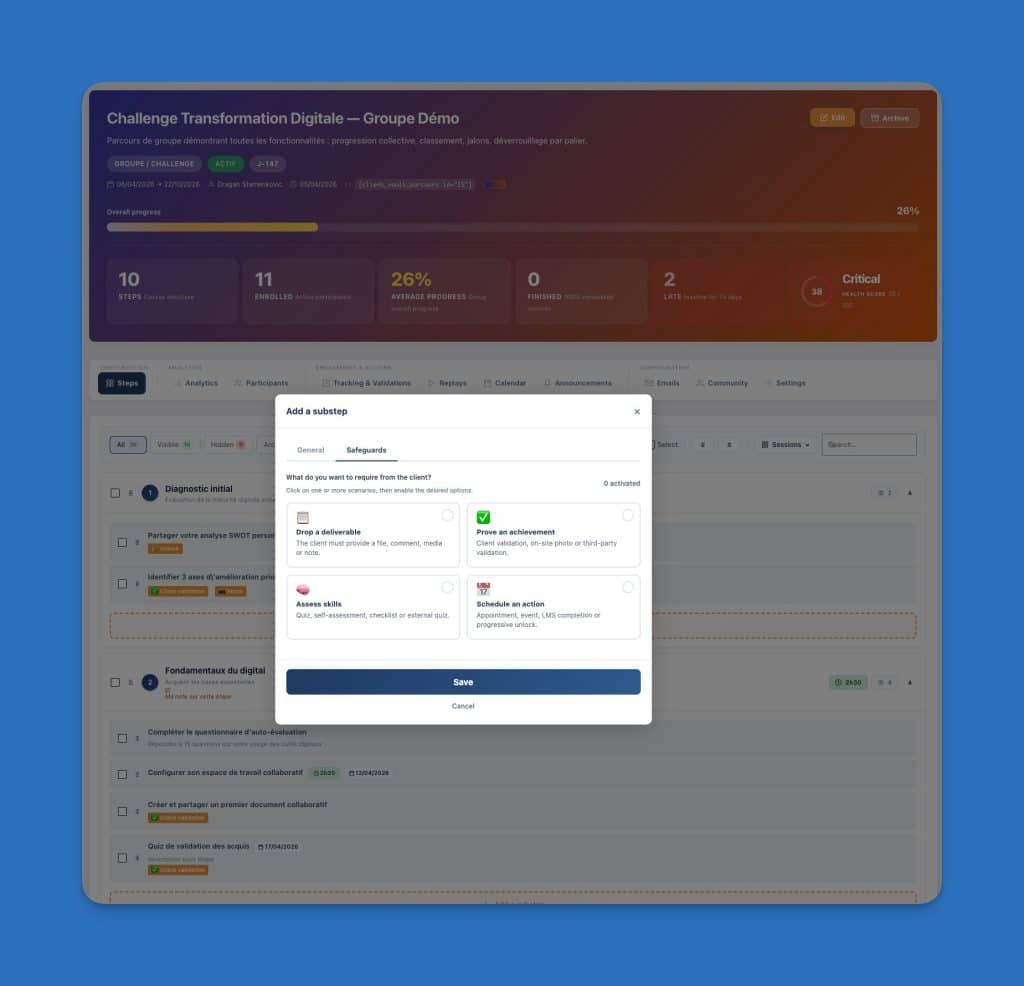 Interface de gestion pour ajouter des sous-étapes de validation.