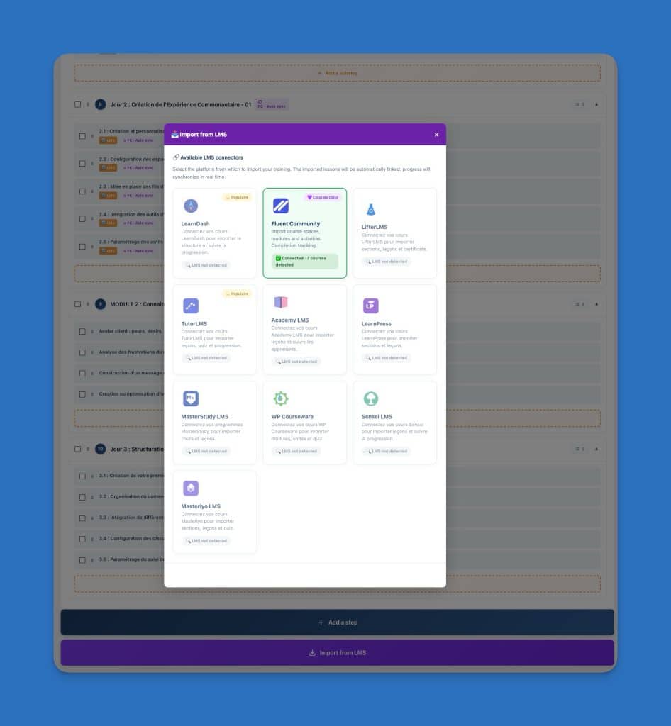 Interface d'importation de connecteurs LMS pour plateforme d'apprentissage.