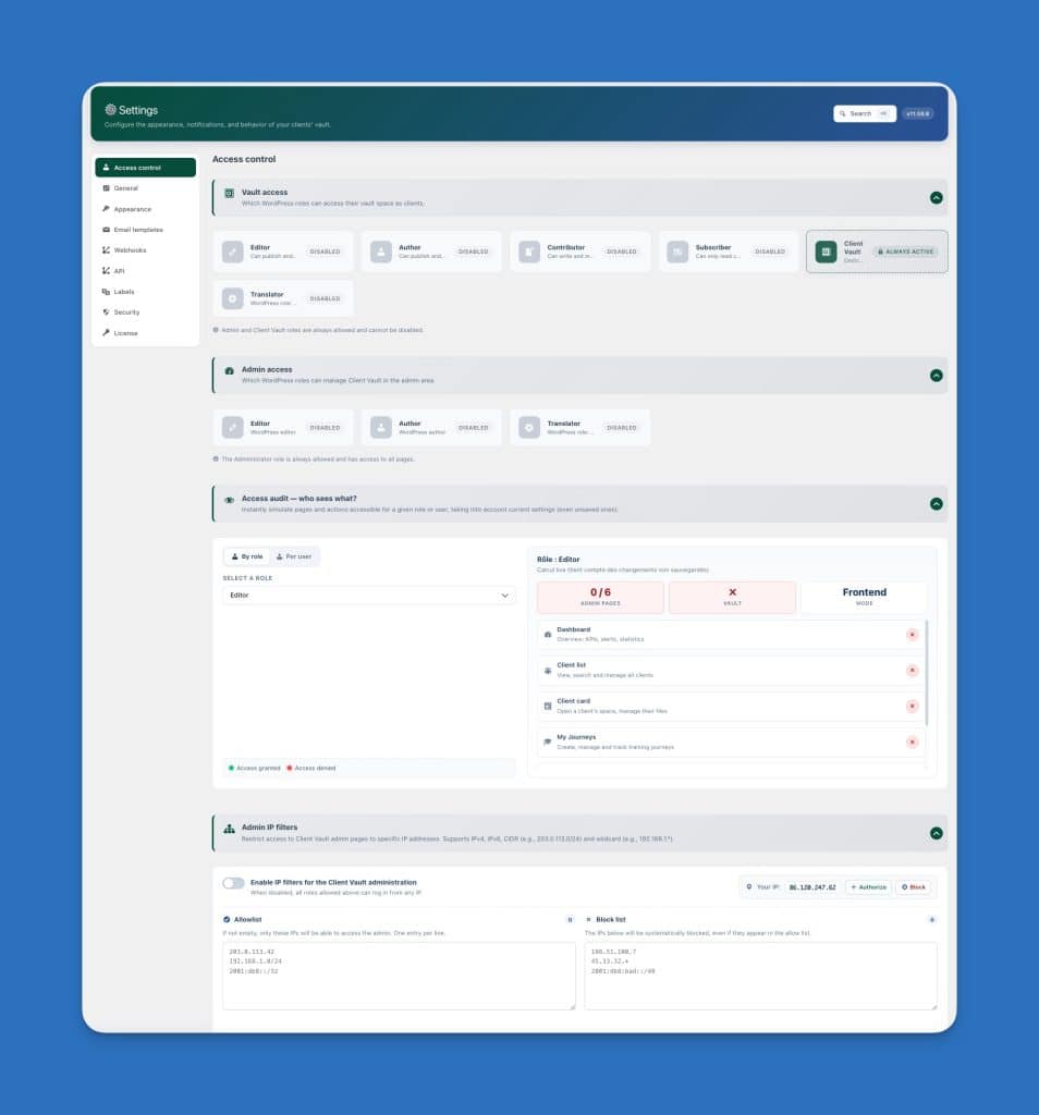 Interface des paramètres de contrôle d'accès d'une application Web.