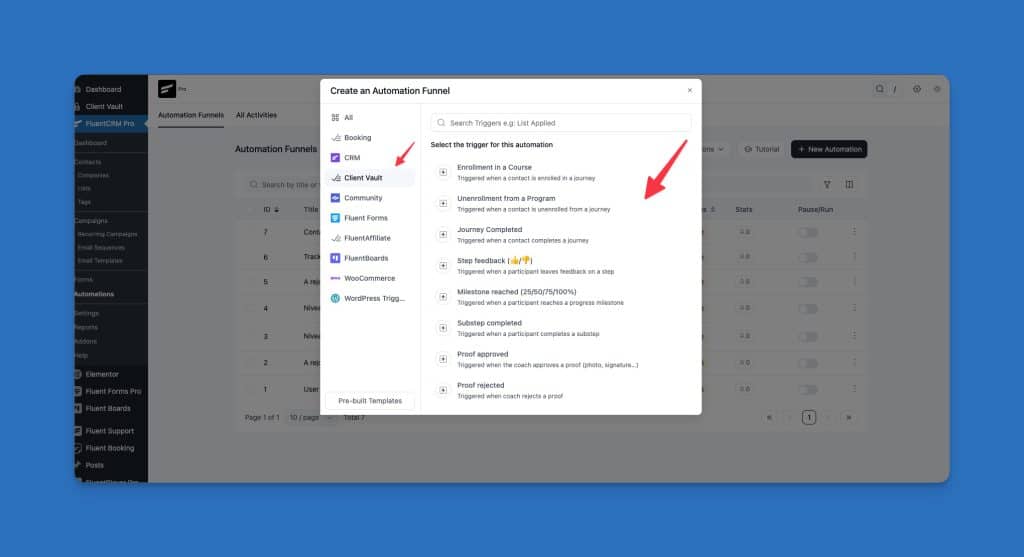 Interface de création de tunnels d'automatisation dans FluentCRM.