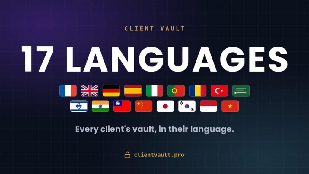 Bannière Client Vault montrant 17 drapeaux de différentes langues.