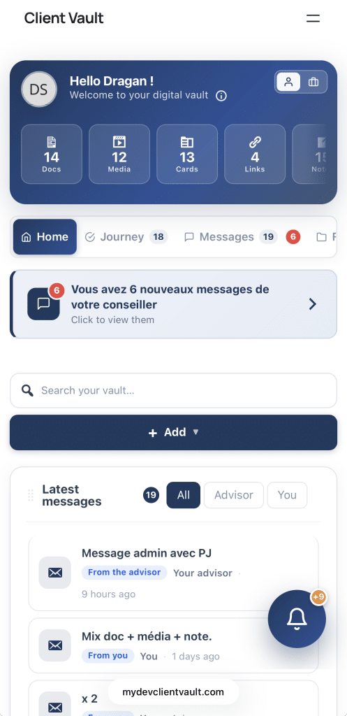 Tableau de bord d'une application de gestion documentaire sécurisée.