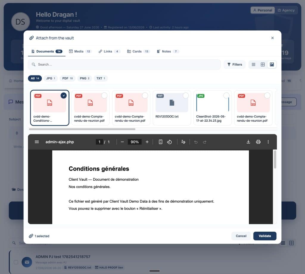 Interface de coffre-fort numérique avec sélection de documents PDF.