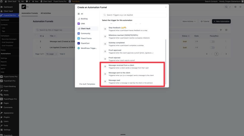 Interface WordPress de configuration de déclencheurs d'automatisation client.