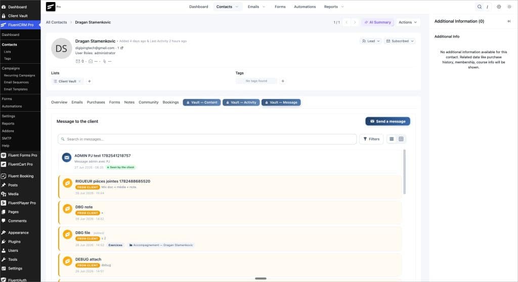 Interface logicielle FluentCRM affichant le profil d'un contact client.