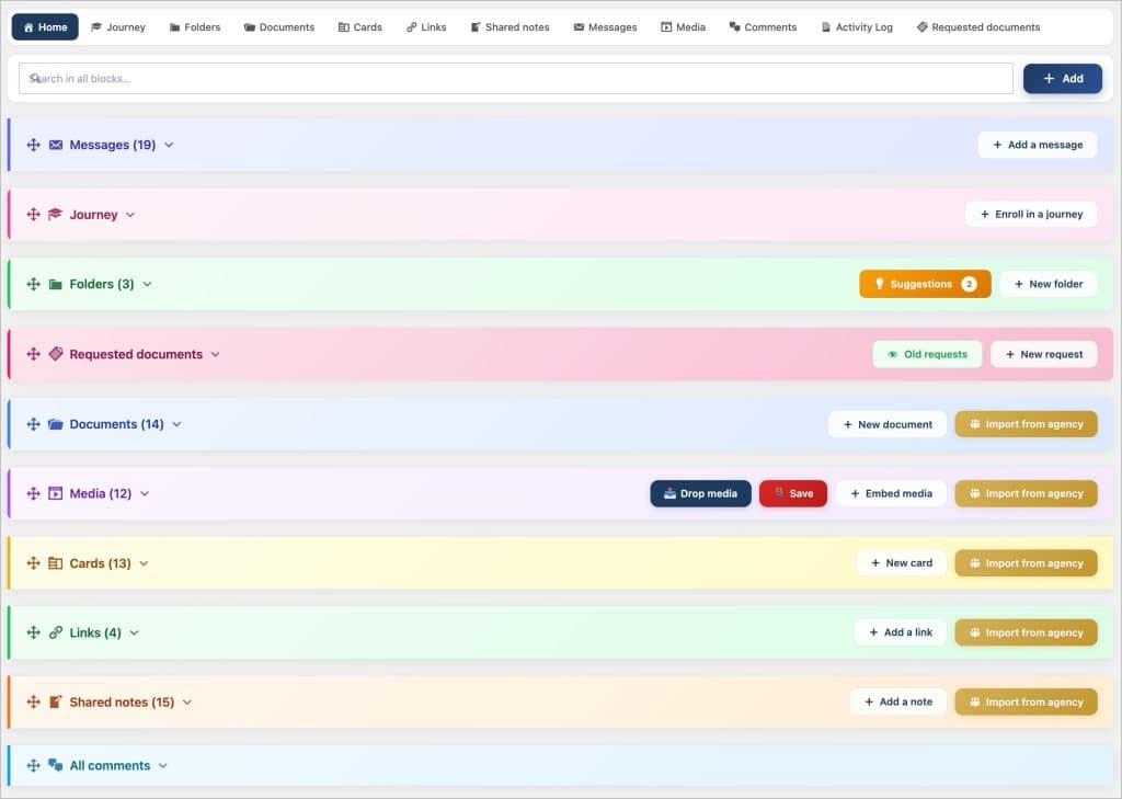 Interface de tableau de bord numérique avec sections colorées.