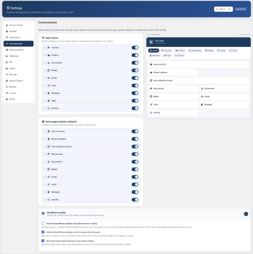Page de paramètres de personnalisation d'une interface logicielle.
