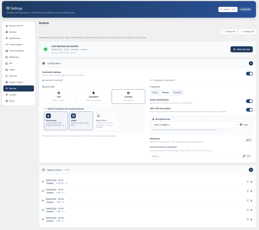 Interface de configuration des sauvegardes dans un logiciel.