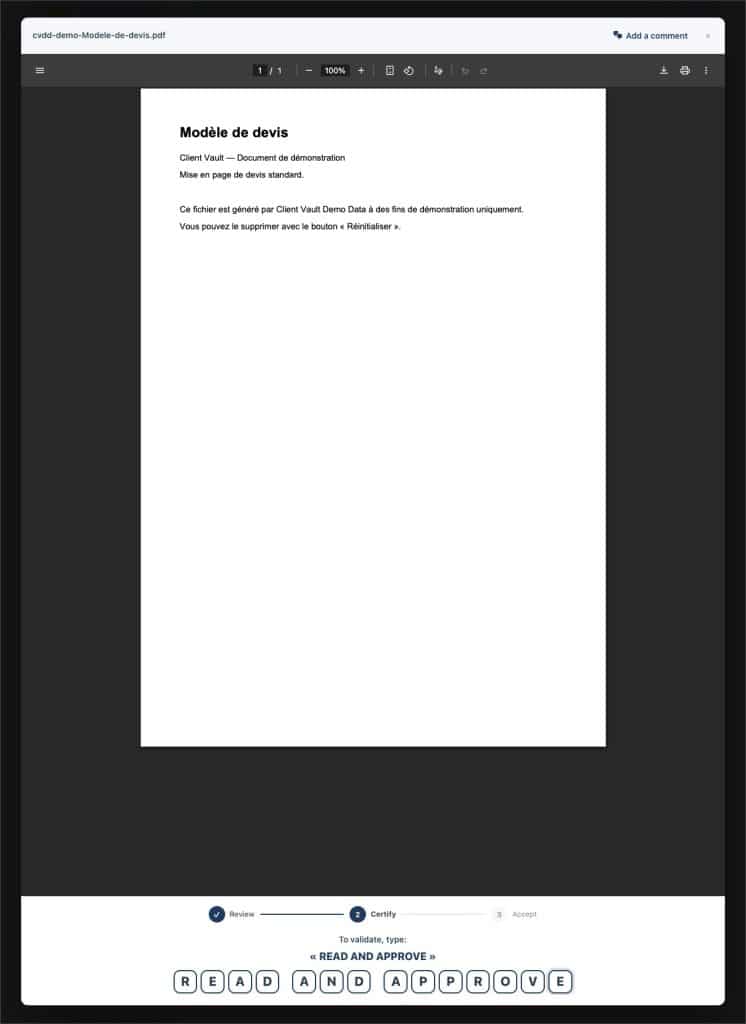 Aperçu d'une interface de signature électronique pour un devis.