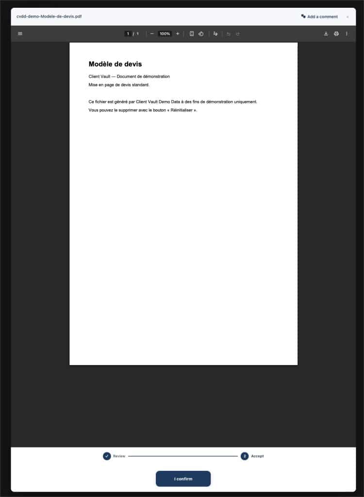 Interface web affichant un document PDF intitulé 'Modèle de devis'.