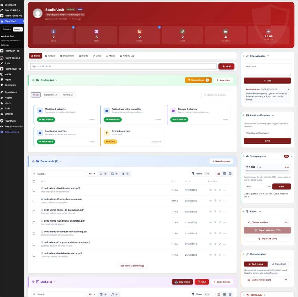 Interface utilisateur du tableau de bord Studio Vault.