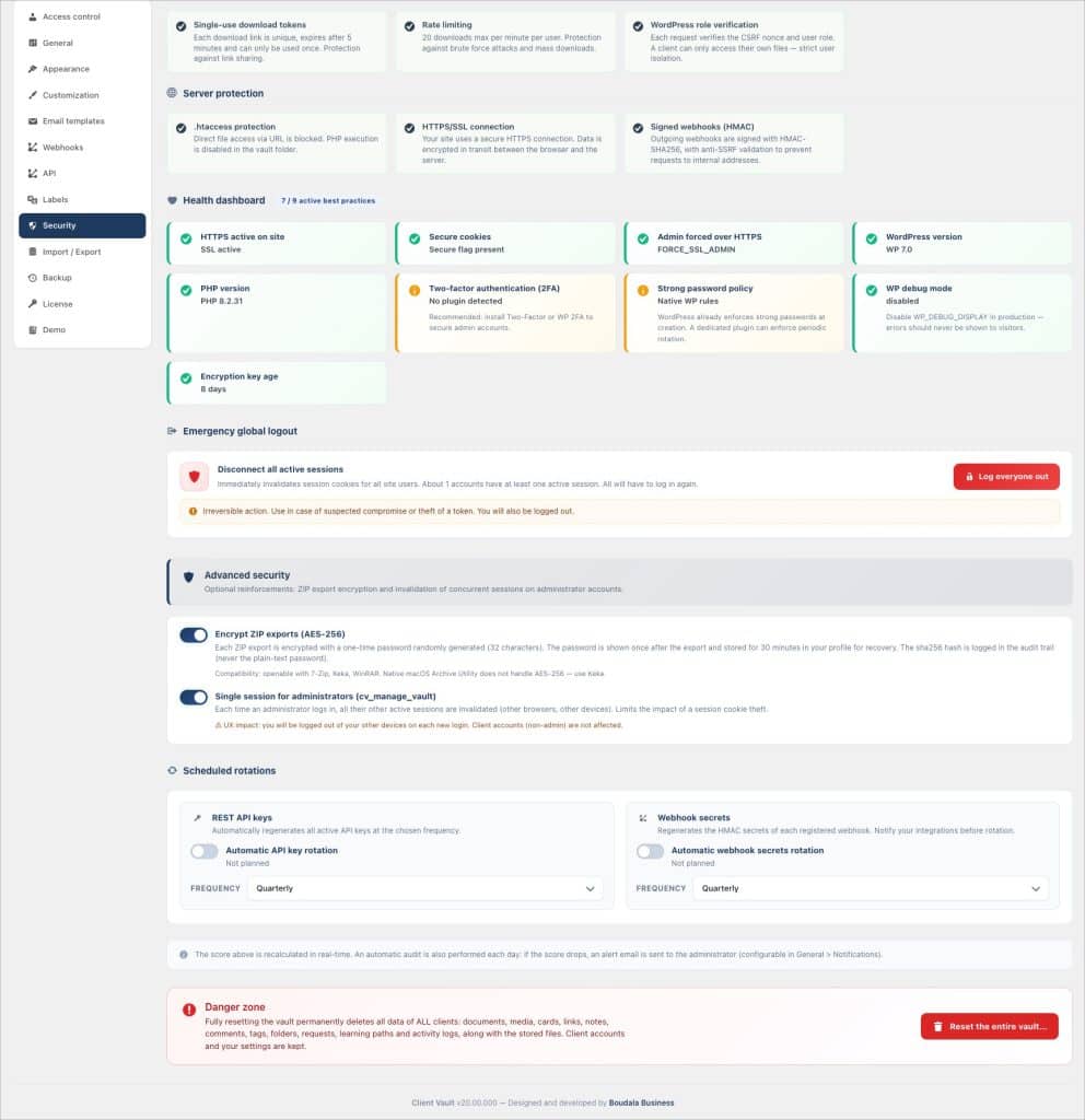 Tableau de bord des paramètres de sécurité d'une application logicielle.