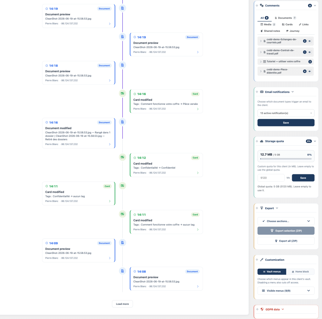 Interface d'une plateforme de gestion documentaire avec historique d'activités.