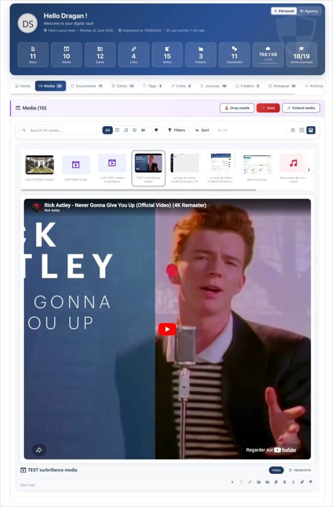 Interface d'un coffre-fort numérique affichant une vidéo YouTube.