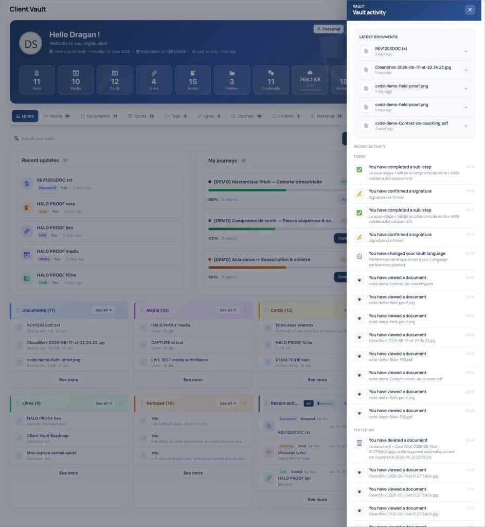 Interface du tableau de bord d'une application Client Vault.