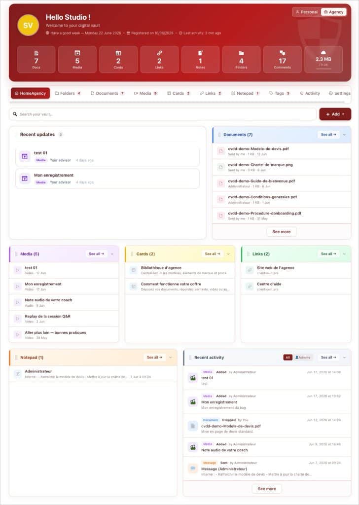 Capture d'écran d'un tableau de bord de portail client numérique.
