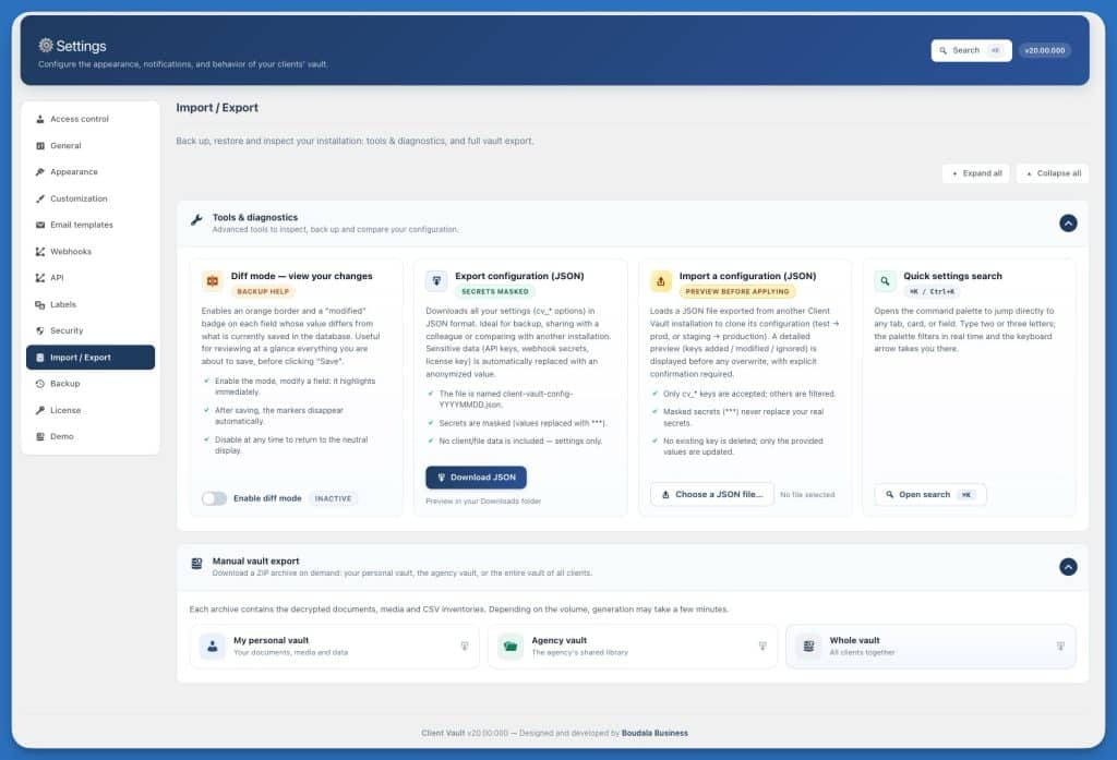 Interface de la page Import / Export des paramètres système.