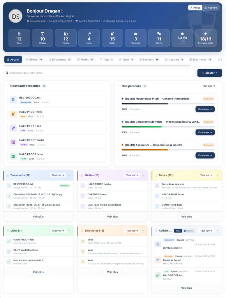 Tableau de bord d'un portail client numérique avec statistiques.