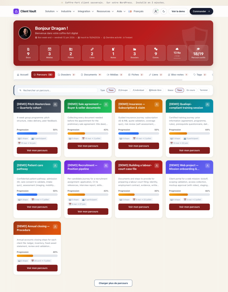 Interface du tableau de bord de la plateforme Client Vault.