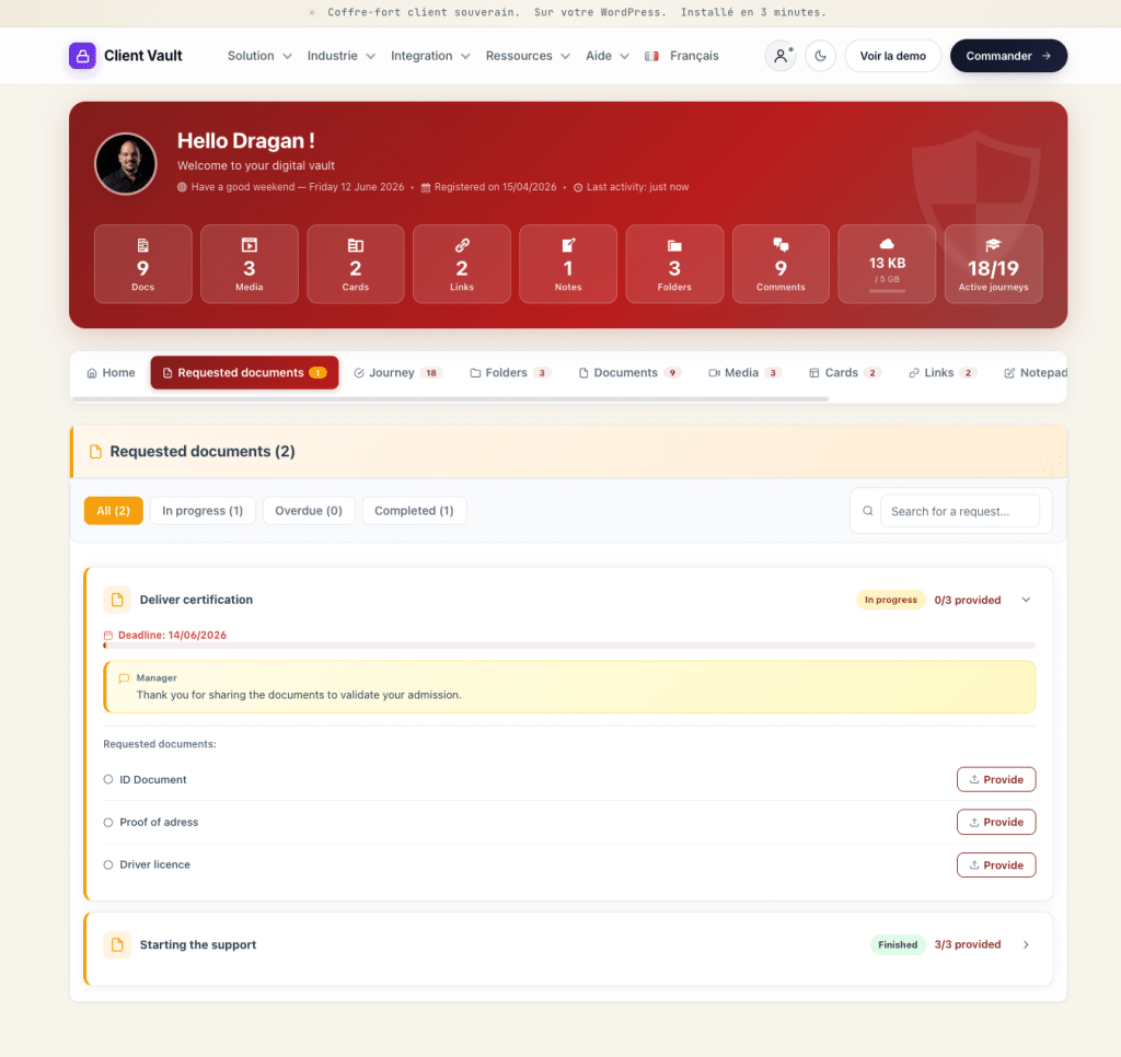 Interface de gestion de documents sécurisés Client Vault.