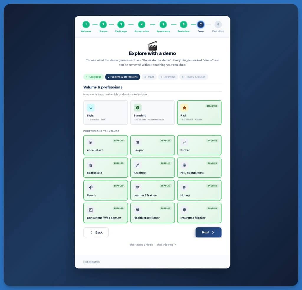 Interface de configuration d'une démo logicielle avec options de volume.