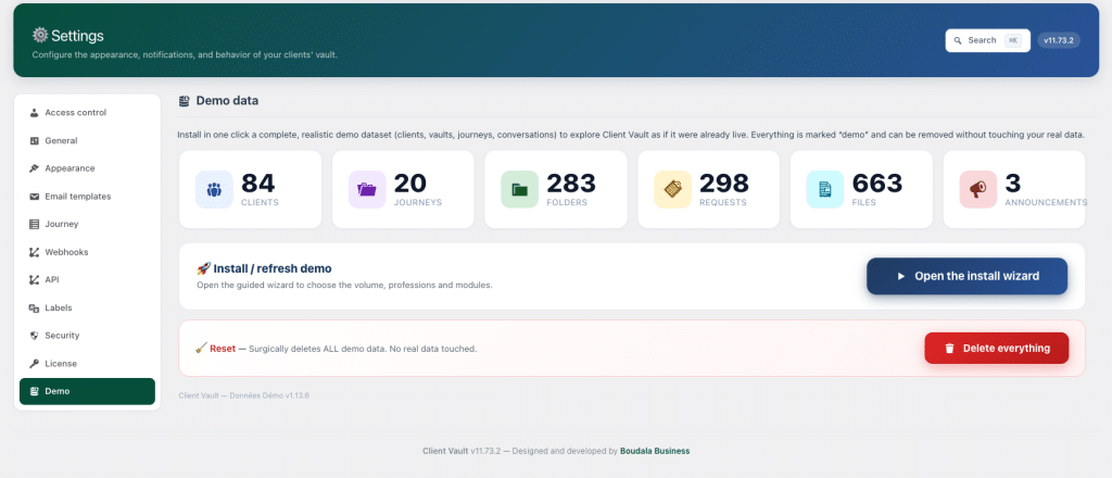 Interface des paramètres affichant les statistiques des données de démonstration.