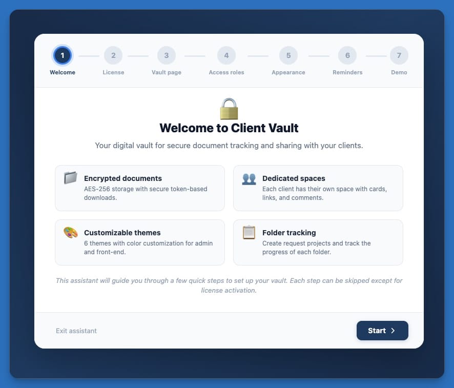 Page d'accueil de l'assistant de configuration du Client Vault.