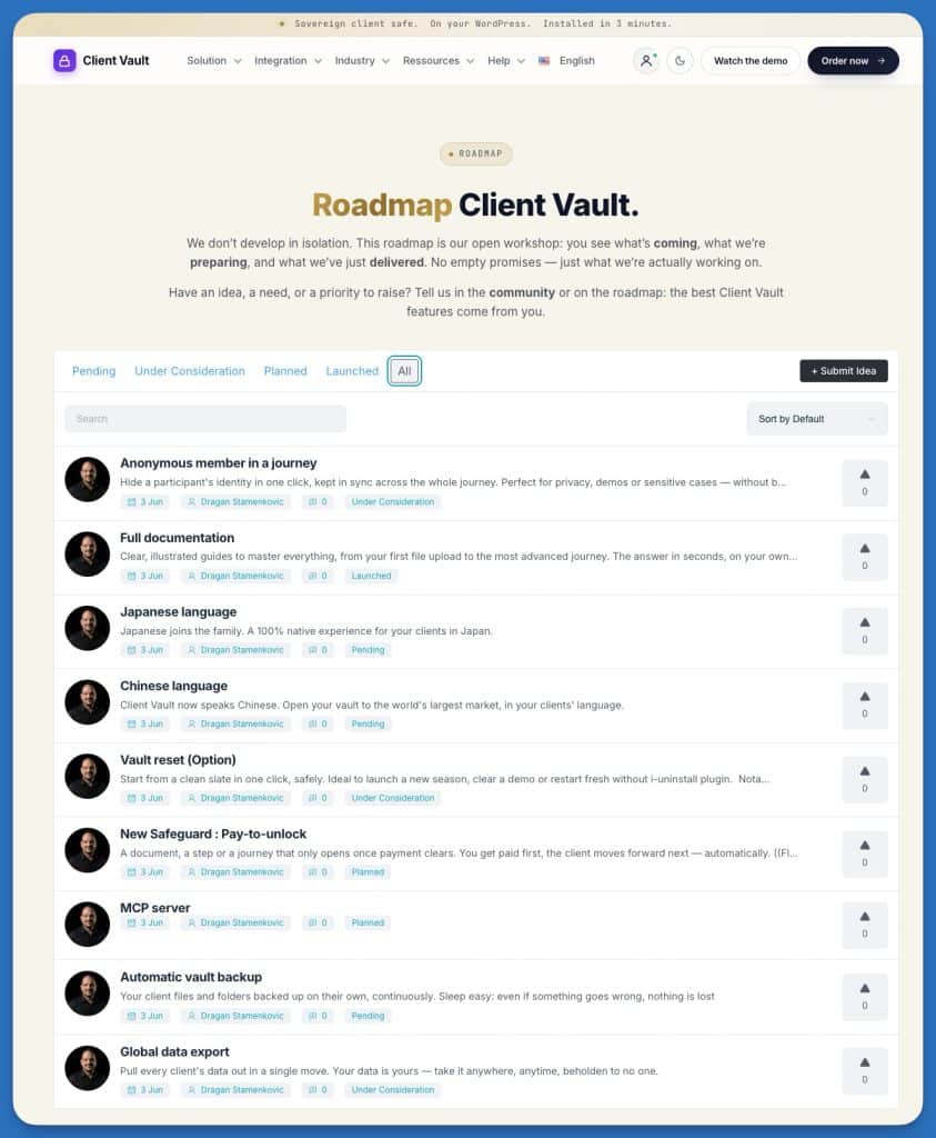 Capture d'écran de la feuille de route du logiciel Client Vault.