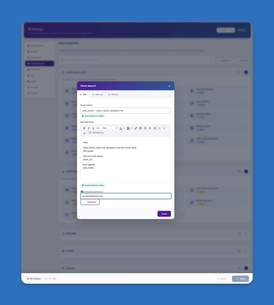 Interface d'édition d'un modèle d'e-mail de dépôt client.