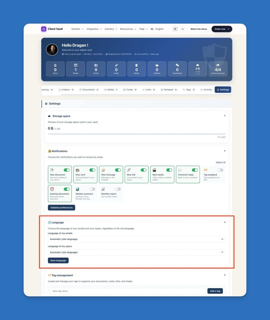 Interface des paramètres de langue dans l'application Client Vault.