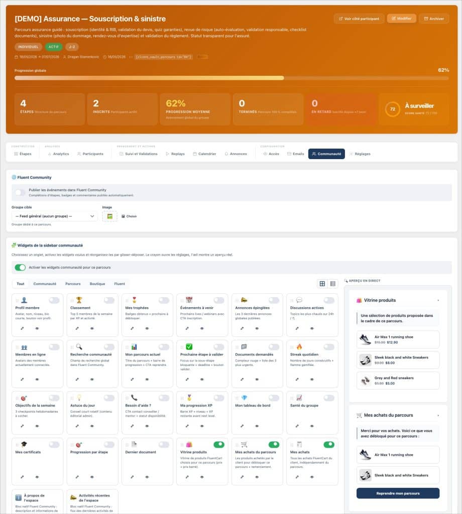 Tableau de bord d'une plateforme d'assurance avec widgets de communauté.