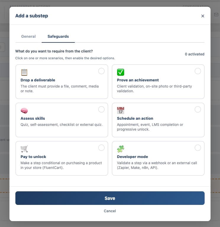 Interface de configuration d'une sous-étape avec options de validation.