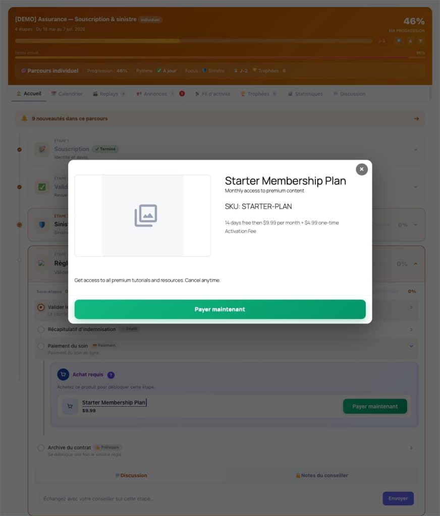 Fenêtre d'abonnement Starter Membership Plan sur une plateforme de formation.