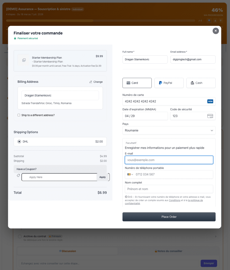 Page de paiement pour un abonnement Starter.