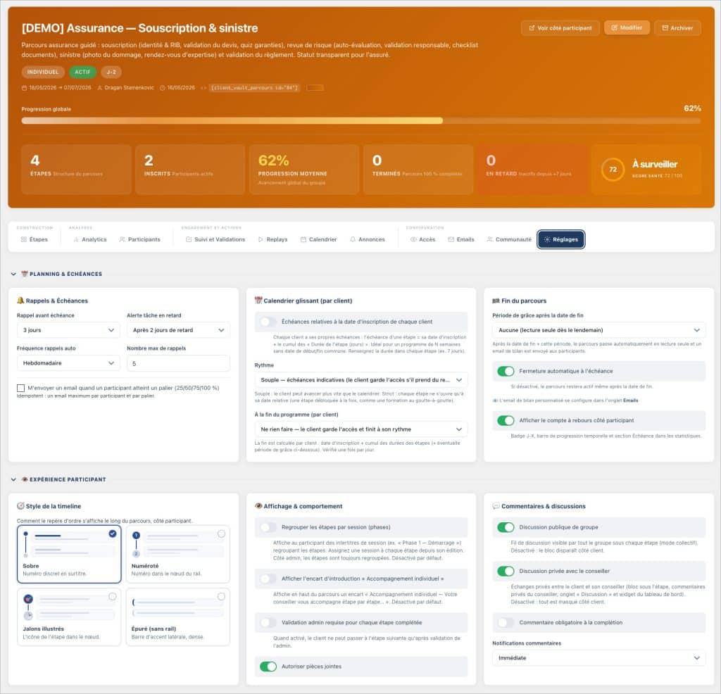 Tableau de bord de configuration pour un parcours d'assurance.