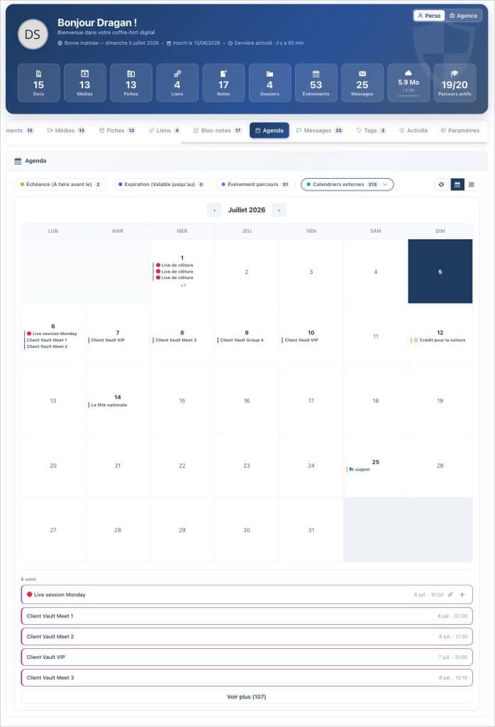Tableau de bord numérique avec calendrier de juillet 2026.