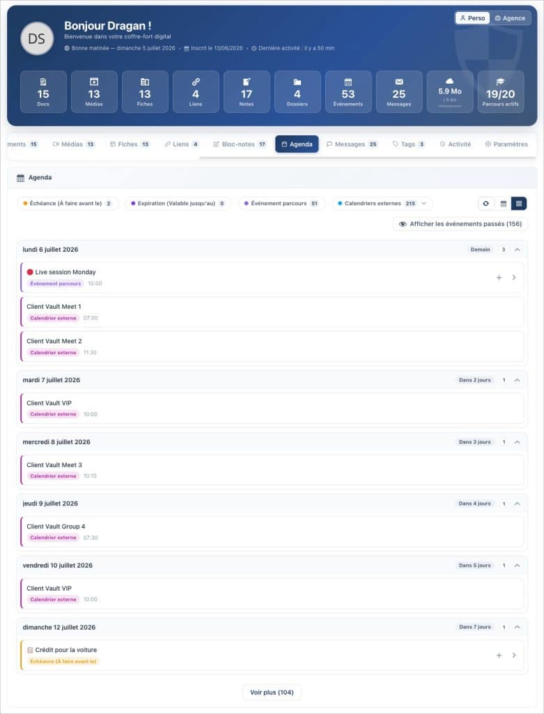 Tableau de bord d'une application d'agenda numérique avec planning hebdomadaire.