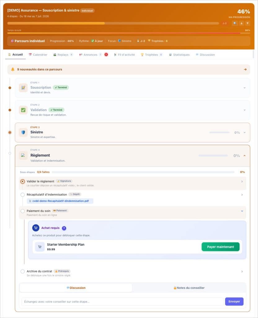 Interface de tableau de bord pour le suivi d'assurance.