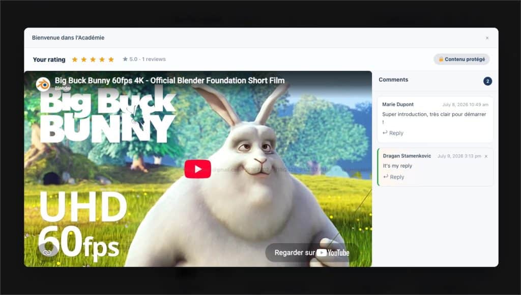 Interface d'académie en ligne avec vidéo et commentaires.