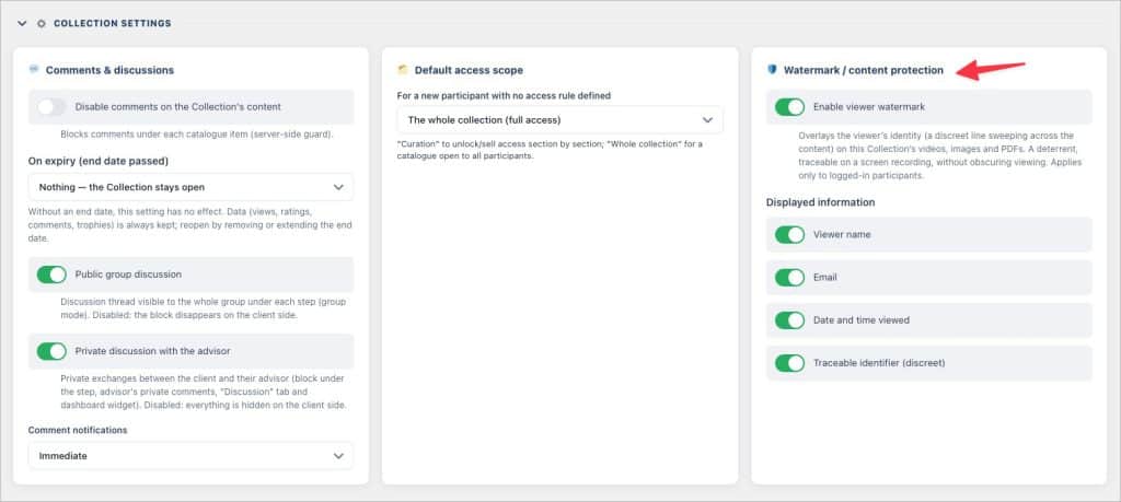 Interface des paramètres de collection et options de sécurité.