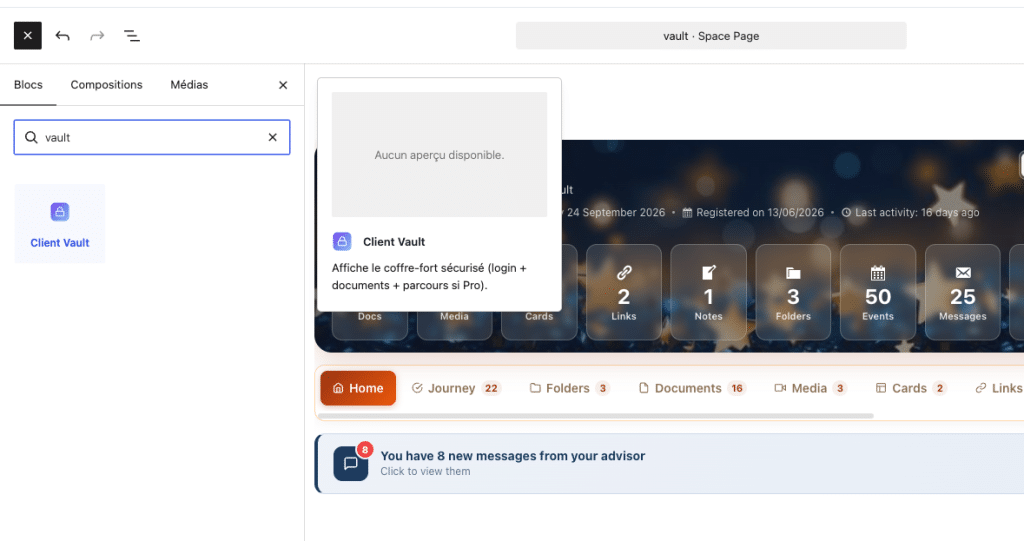 Interface utilisateur d'un coffre-fort numérique sécurisé pour clients.