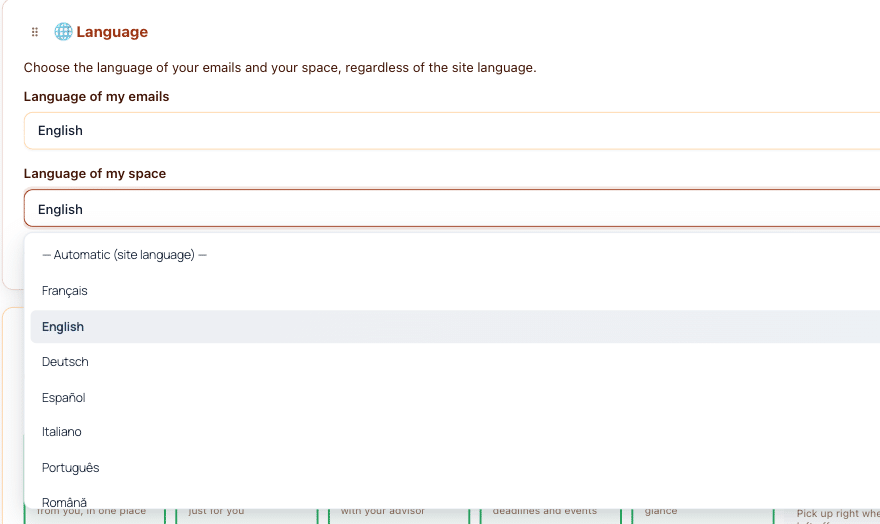 Menu de sélection de langue dans une interface utilisateur.