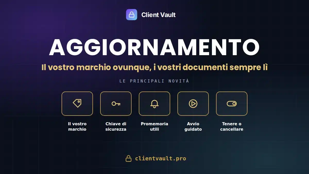 Aggiornamento Client Vault 20.36: il vostro marchio, chiave di sicurezza, promemoria utili, avvio guidato, tenere o cancellare