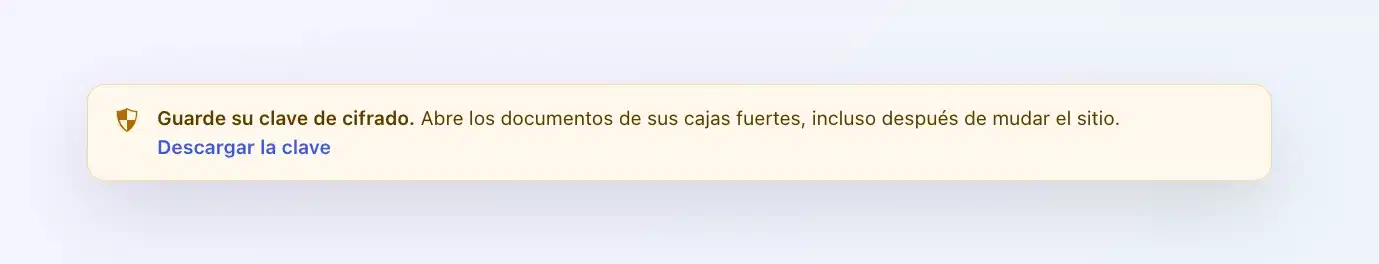 Mensaje de Client Vault «Guarde su clave de cifrado.» con el enlace Descargar la clave