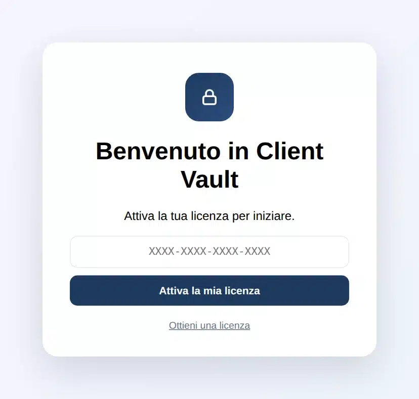 Schermata «Benvenuto a Client Vault» mostrata subito dopo l’attivazione, con il campo della chiave di licenza e il pulsante Attiva la mia licenza