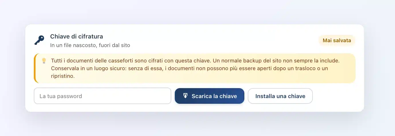 Riquadro «Chiave di cifratura» di Client Vault: posizione della chiave, stato del salvataggio, campo password, pulsanti Scarica la chiave e Installa una chiave