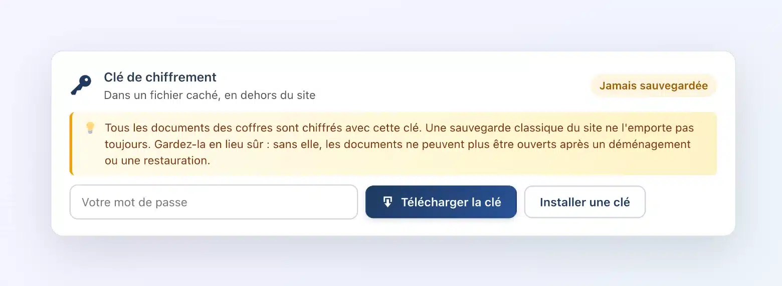 Carte « Clé de chiffrement » de Client Vault : emplacement de la clé, état de la sauvegarde, champ mot de passe, boutons Télécharger la clé et Installer une clé