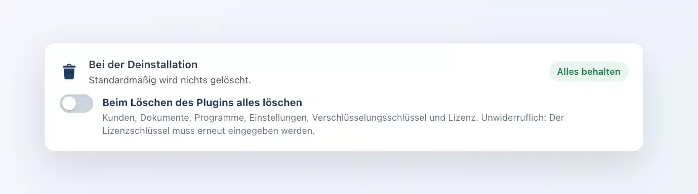 Einstellung „Bei der Deinstallation“ in Client Vault: Schalter Beim Löschen des Plugins alles löschen, ausgeschaltet, Hinweis Alles behalten